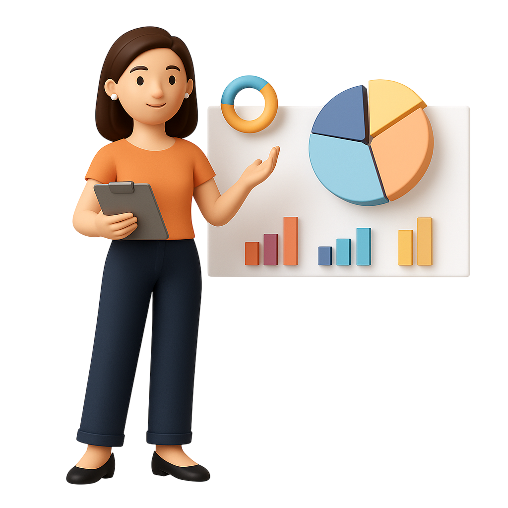 Personne expliquant des graphiques et des données sur un tableau blanc, avec un diagramme circulaire et des graphiques à barres colorés
