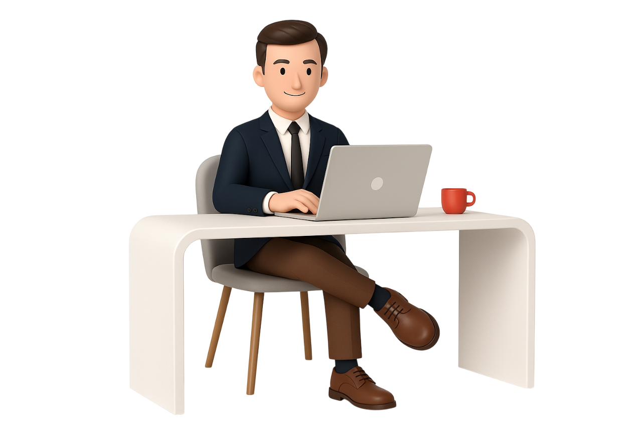 Un personnage en costume professionnel assis à un bureau, travaillant sur un ordinateur portable avec une tasse rouge à côté de lui.