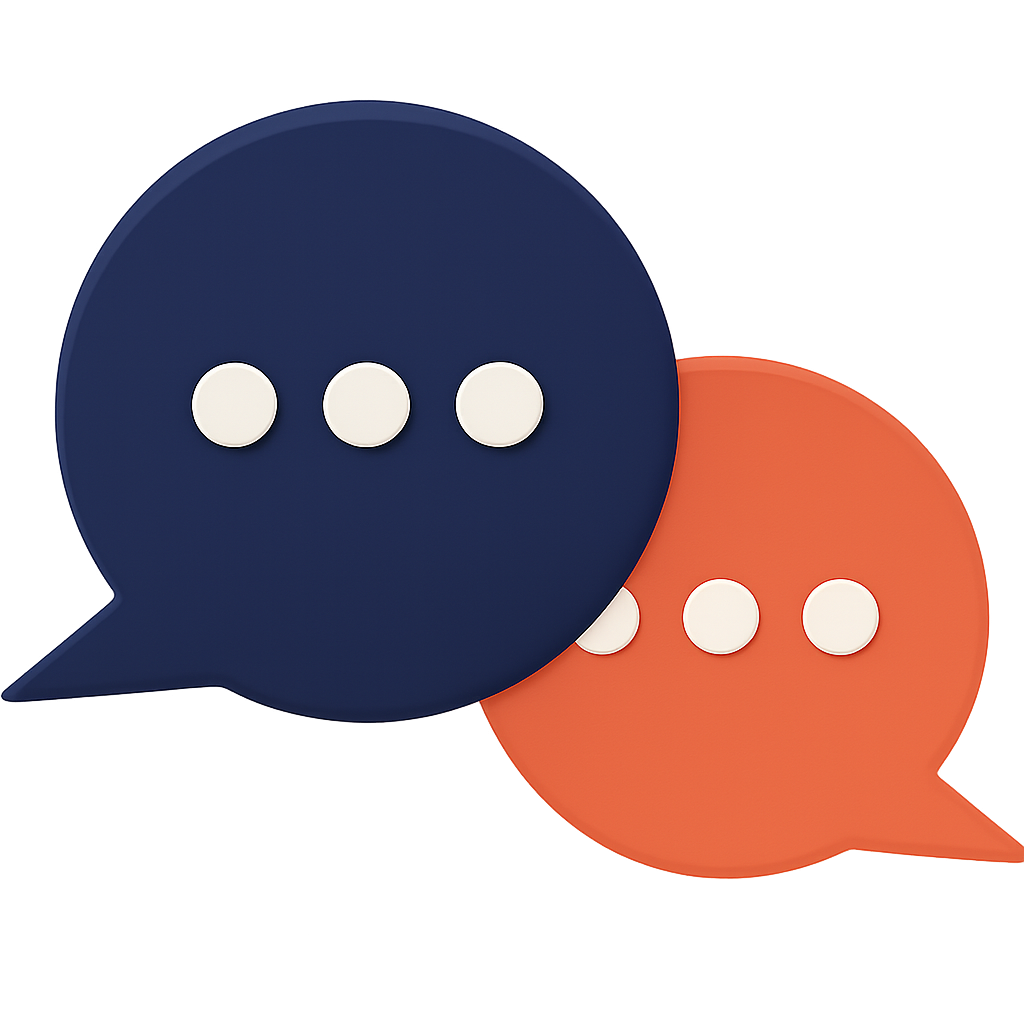 Deux bulles de conversation stylisées, une bleu foncé et une orange, avec trois points blancs symbolisant un message en attente.